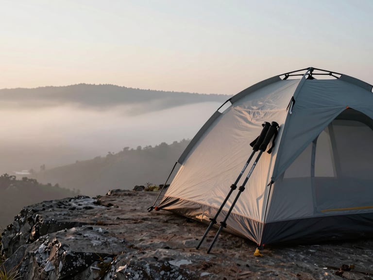 Close view of a bivouac tent pitched on flat rock just below a ridgeline, early morning mist filling the valley below, hiking poles stacked against the outer shell, no faces visible, wide environmental framing