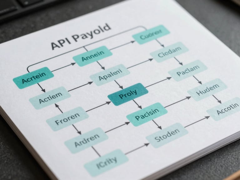 A clean, highly organized vector node diagram showing API payload structures and data routing paths with cyan highlights.