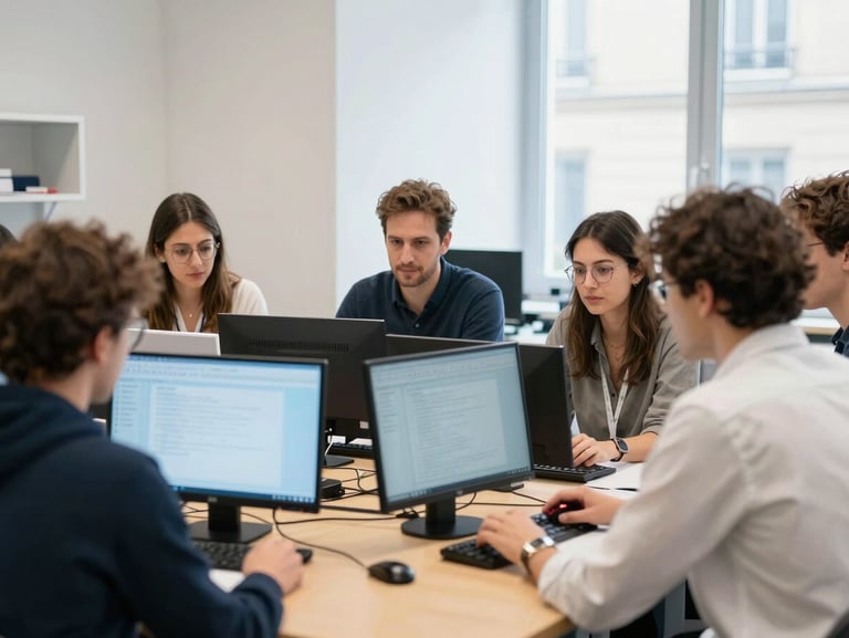 Candid editorial photography of educators collaborating around a wooden table in a bright Paris laboratory, soft blue screen glow, 50mm lens