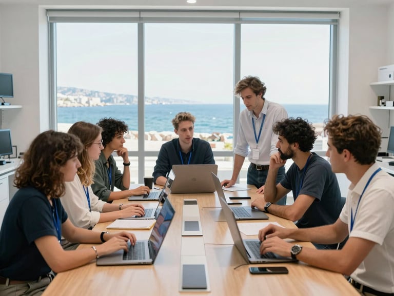 Bright modern Marseille lab overlooking the sea, natural daylight, educators collaborating around a central wooden table, 50mm lens.