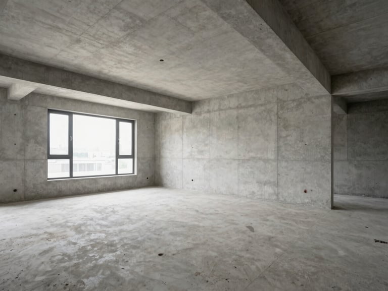 Wide-angle shot of an empty luxury residential interior under construction, pristine concrete walls, soft diffused daylight.