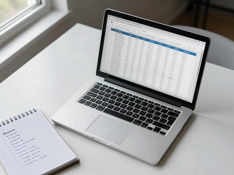 Close overhead shot of a clean desk with an open laptop showing a spreadsheet with creator analytics data, a notepad with handwritten evaluation criteria, cool natural window light from the left, minimal and precise