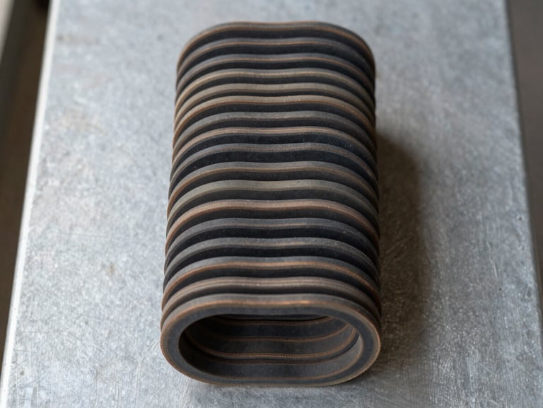 Overhead flat-lay of die-cut rubber gaskets stacked in a neat column on a gray steel surface, showing cross-section thickness, natural workshop daylight