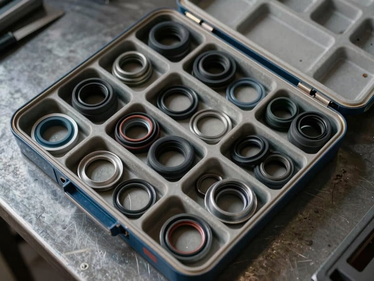 Overhead shot of an open repair kit box showing sorted rubber seals, O-rings, and wiper rings in labeled compartments on a dark metal workshop surface, hard daylight from the side