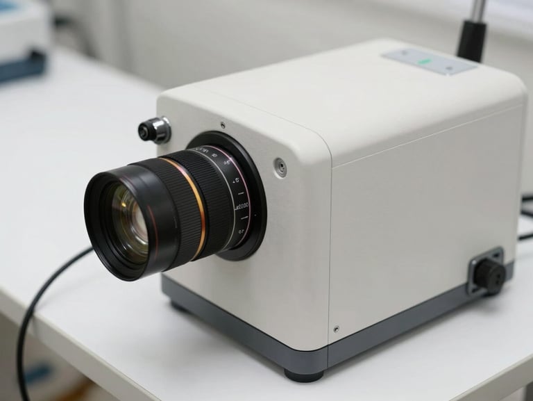 Close-up of veterinary electroretinography equipment on a clinical table, clean white surface, precise cable and sensor detail, bright even studio lighting