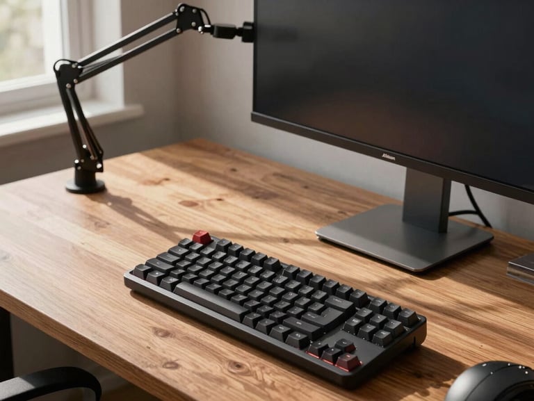 An ergonomic workspace setup showing an adjustable monitor arm, a mechanical keyboard, and a wooden desk surface, soft morning shadows