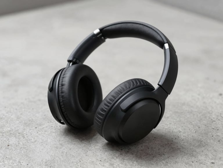Over-ear wireless headphones in matte black resting on a clean concrete surface