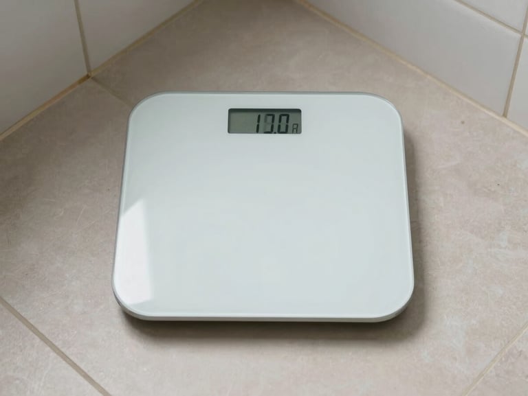 A minimalist smart scale on clean bathroom tiles, showing digital numbers