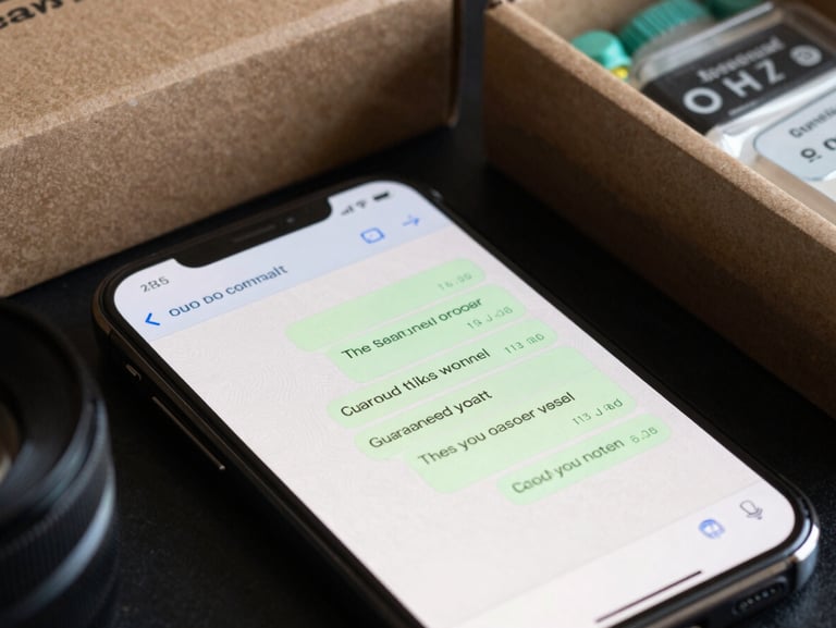 Close-up of a smartphone screen showing a friendly text message exchange with a guaranteed cash offer next to a sealed box of supplies.