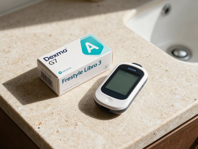 A high-angle, clean shot of factory-sealed Dexcom G7 and Freestyle Libre 3 boxes resting on a sunlit stone countertop in bright Arizona daylight.