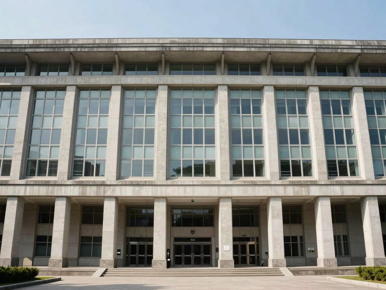 Wide architectural shot of a massive institutional building facade under bright daylight, clean concrete and glass structure, straight-on perspective.