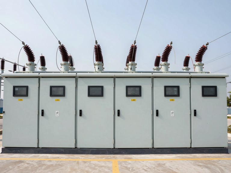 Wide architectural shot of high-voltage LT/HT electrical distribution panels inside a modern industrial plant, bright clean lighting, straight-on framing.