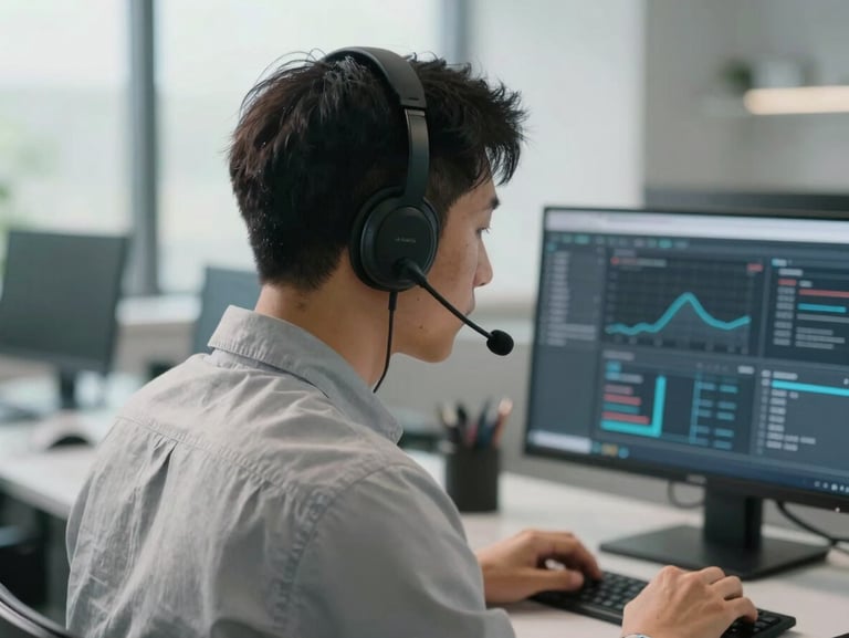 Medium close-up of a professional remote agent in a clean, modern, well-lit workspace with natural daylight, wearing a sleek headset and focusing on a secure dashboard, soft shadows.