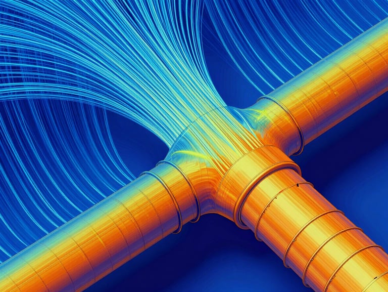 Detailed CFD simulation heatmap displaying airflow vectors through a complex HVAC duct branch, cool blue to warm orange thermal gradient, sharp focus, 35mm engineering photography style