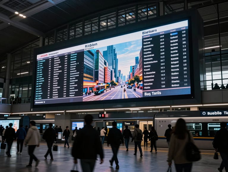 Massive digital display inside a modern bustling train station, motion-blurred commuters, dramatic lighting, high contrast