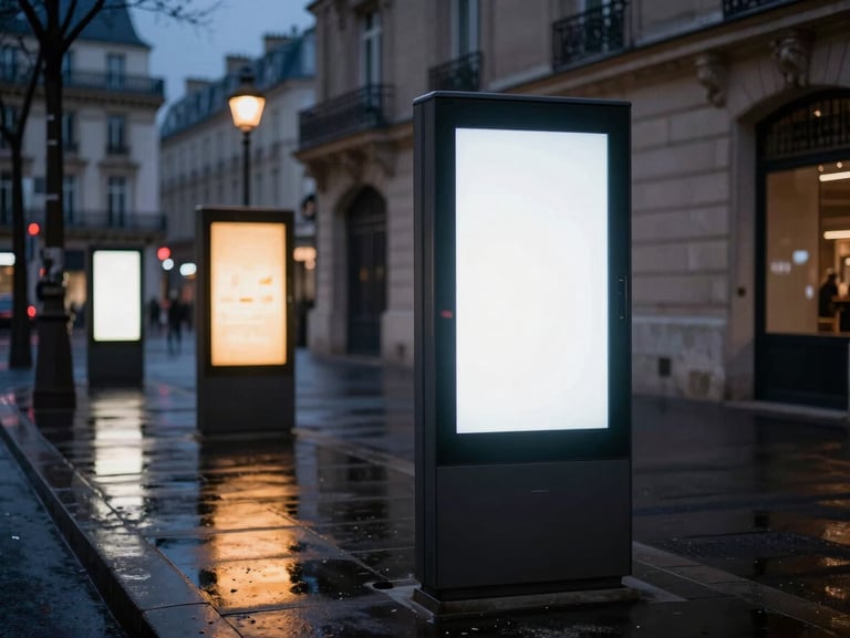 Sleek digital street furniture screen glowing at twilight on a Paris boulevard, wet asphalt, warm reflections, architectural integration