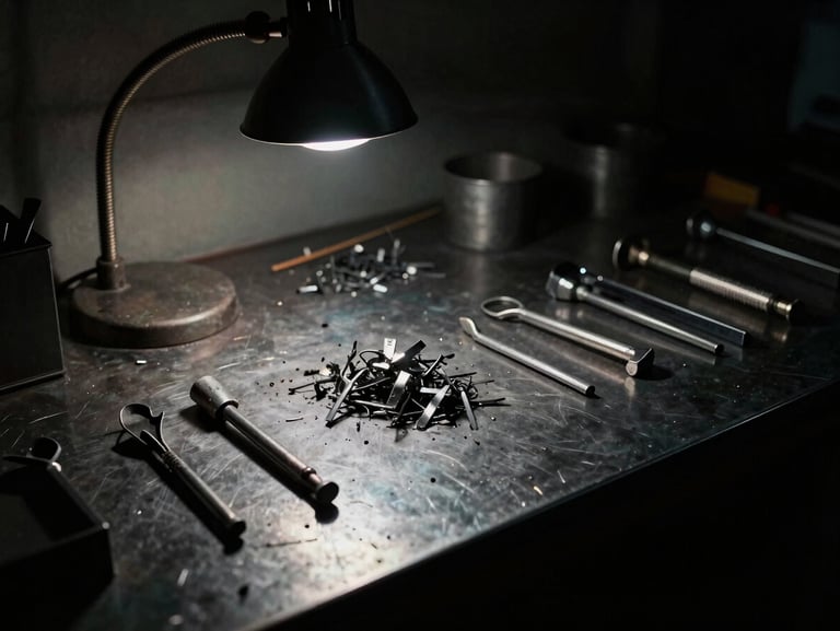 Tactile raw prototype materials, metal shavings on a dark steel workbench, dramatic late-night desk lamp illumination, moody cinematic photography, deep shadows.