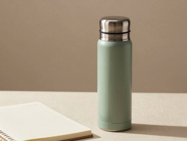 A sleek sage-green stainless steel thermos next to a neatly labeled linen notebook, soft side-lighting, warm minimalist composition.