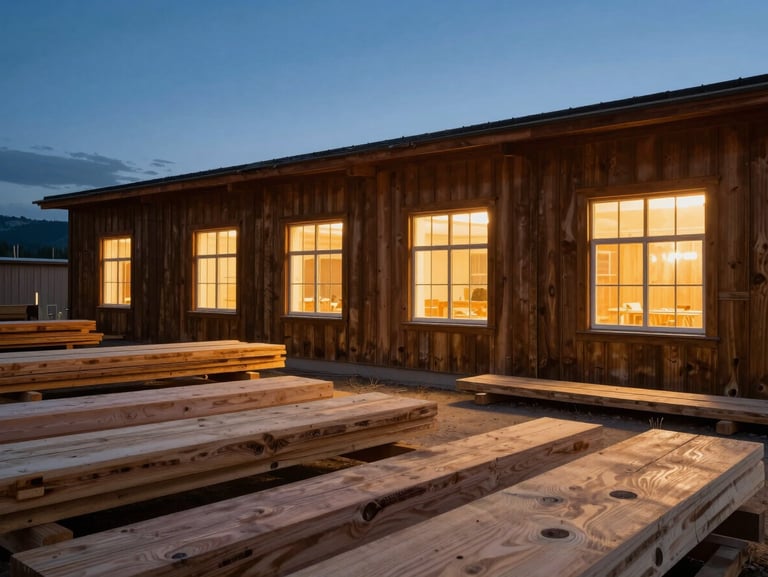A serene view of the Wyoming workshop at dusk, warm light glowing from the windows, surrounded by raw timber slabs