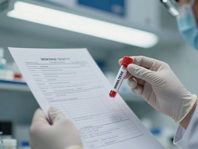 Tight close-up of a lab technician's gloved hands cross-referencing a printed intake form against a labeled specimen vial on a laboratory bench, clinical fluorescent overhead light, documentary precision framing, no faces visible