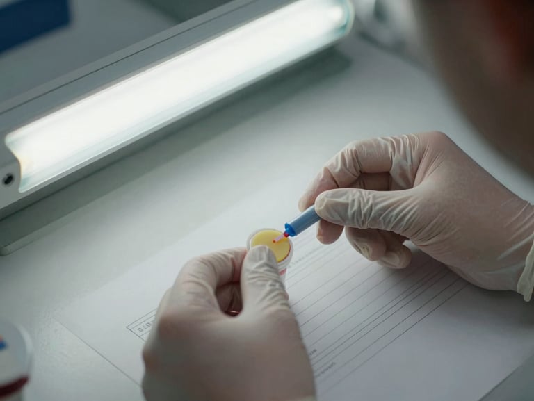 Close-up overhead view of gloved hands applying a tamper-evident seal to a specimen container on a clinical workstation, label form partially visible beneath, practical fluorescent overhead lighting, sharp documentary framing