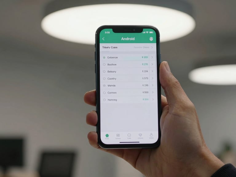 Android phone held in one hand displaying an inventory tracking app, stock count screen visible, overhead office light, tight crop on device and hand