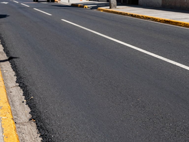 Wide-angle shot of a newly paved municipal avenue in Santiago, clean asphalt and road markings, bright daylight, industrial editorial style