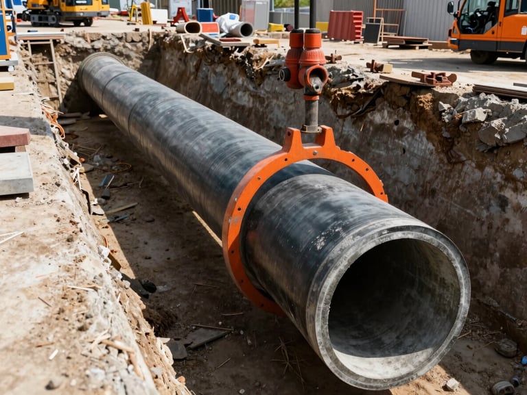 Close-up of heavy concrete sewage pipes being carefully laid into a deep trench by a crane, active construction site background, bright daylight