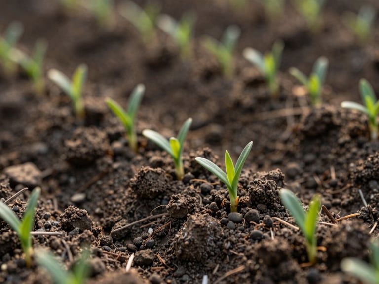 Macro texture of structured natural soil and emerging green shoots under soft, indirect morning light, representing growth and quiet vitality.