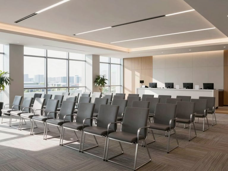 A bright modern corporate event hall with structured seating, soft daylight, professional setup, high-end editorial photography, 35mm lens
