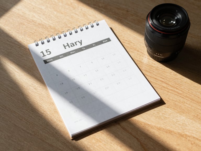 Flat-lay composition of a clean wooden desk with a physical content calendar, a camera lens, and natural morning shadows.