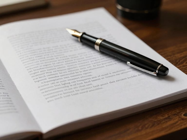 A close-up of a heavy textured paper document with fine typography, a classic fountain pen resting on top, natural side-lighting casting soft shadows on a dark oak desk.