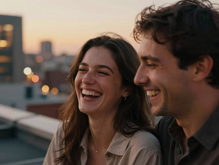 Candid medium close-up of a couple sharing a quiet laugh on an urban rooftop at dusk, city lights blurred in the background, warm tones, 35mm