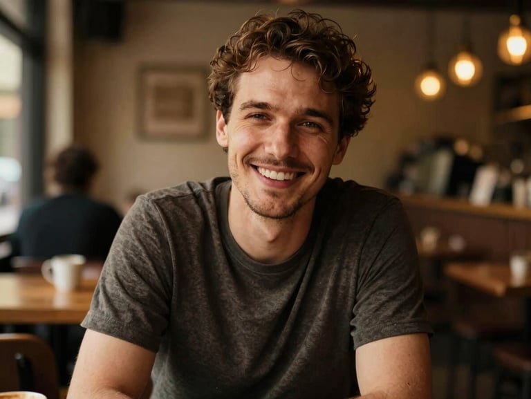 Candid environmental portrait of a relaxed man smiling in a warm, low-key lit coffee shop, 35mm editorial style