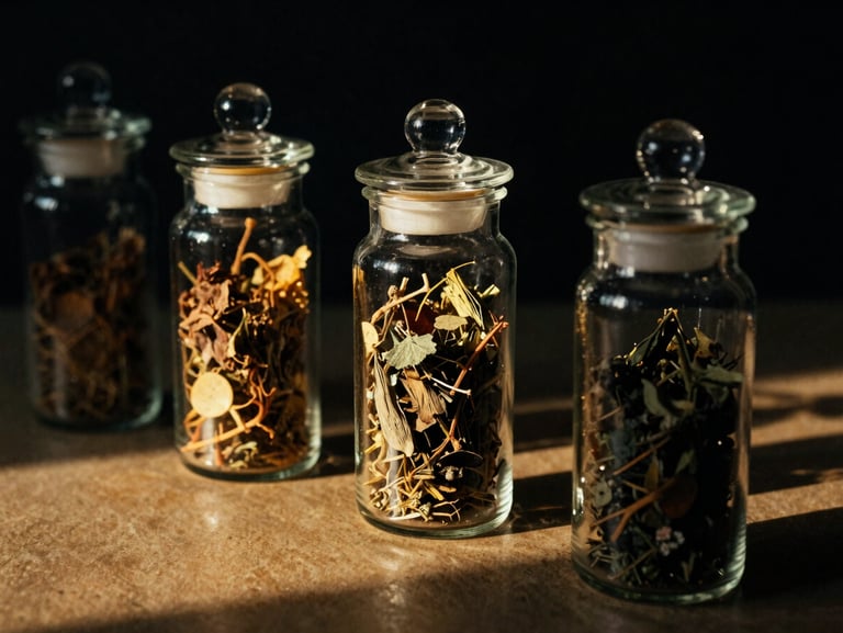 Dark glass apothecary jars filled with dried botanicals, sealed with wax, golden light casting long shadows, 35mm film
