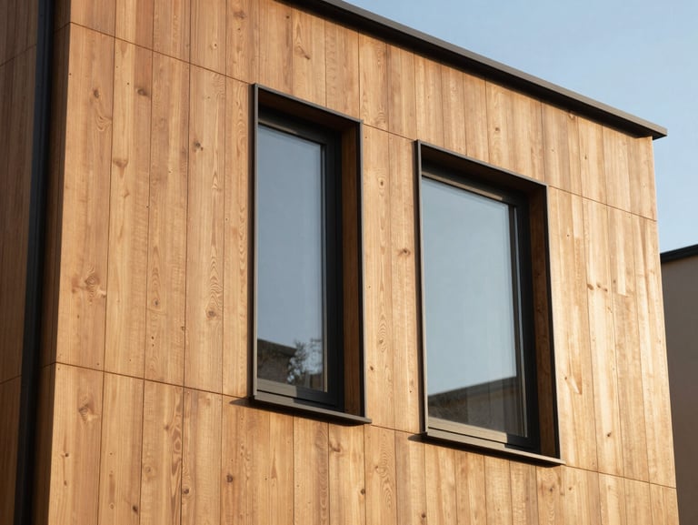 Close-up of modern residential facade with warm oak wood siding and dark anthracite window frames, bright morning sun casting soft shadows.