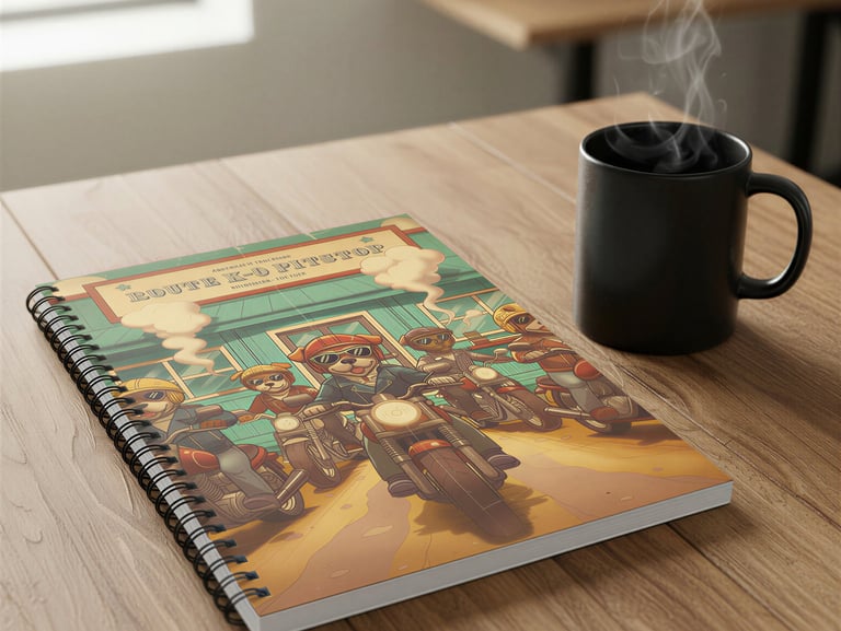 Spiral notebook with retro motorcycle illustration.