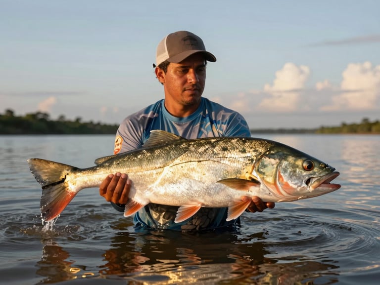 Pescador esportivo embarcando um grande Dourado dourado brilhante nas corredeiras do Rio Paraguai durante o entardecer.