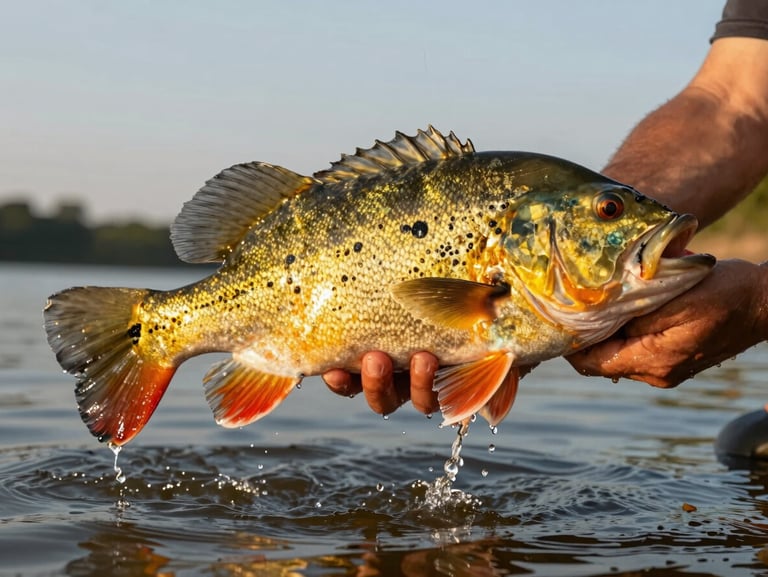 Close-up of hands holding a massive, vibrant Tucunaré-Açu just above the river line, water dripping, low-angle golden hour light