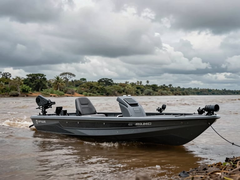 A high-performance bass boat anchored near a fast-flowing riverbank in the Pantanal, dramatic overcast sky, professional fishing gear visible