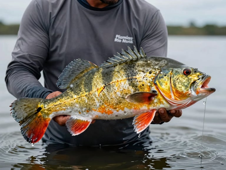 Close-up de um pescador segurando um enorme Tucunaré-Açu com cores vibrantes sobre a linha da água do Rio Marié.