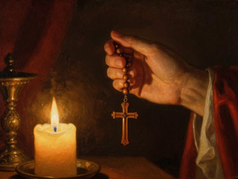 Still shot from a video showing hands holding a wooden rosary in front of a flickering candle, warm golden light, soft focus, devotional atmosphere