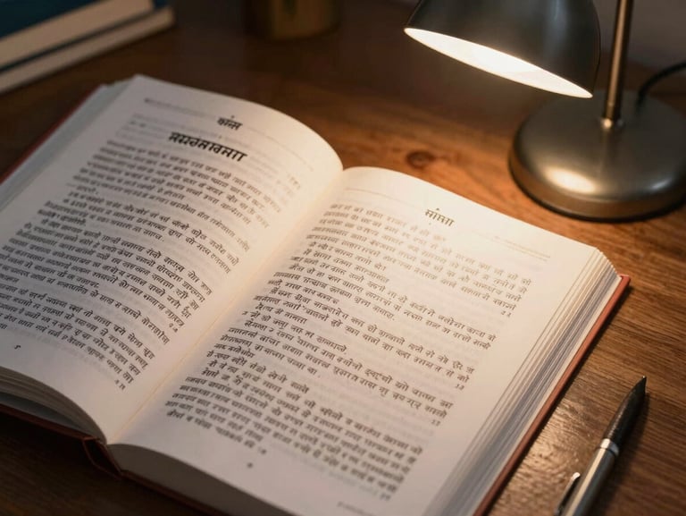 A focused study desk with an open textbook showing Hindi script, a physical Indian constitution, and a warm desk lamp lighting the workspace, macro shot.