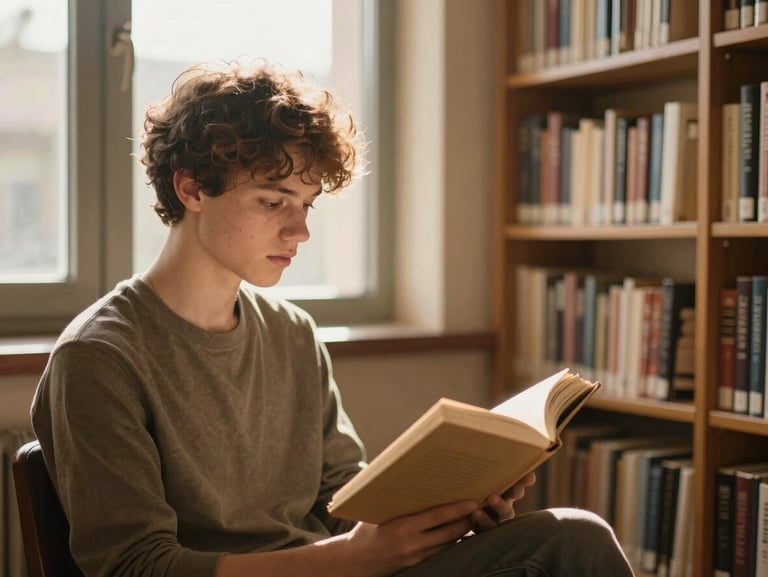 Candid portrait of a young adult student reading a book in a sunlit university library, soft golden hour tones, warm editorial style.