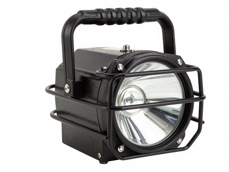 Explosion proof portable light fixture, heavy duty handle and cage, isolated on pure white background