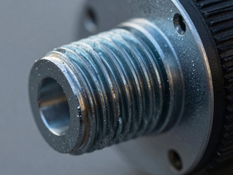 Macro close-up of heavy-duty metal threads on an explosion-proof light fixture, cool high-contrast daylight, technical focus