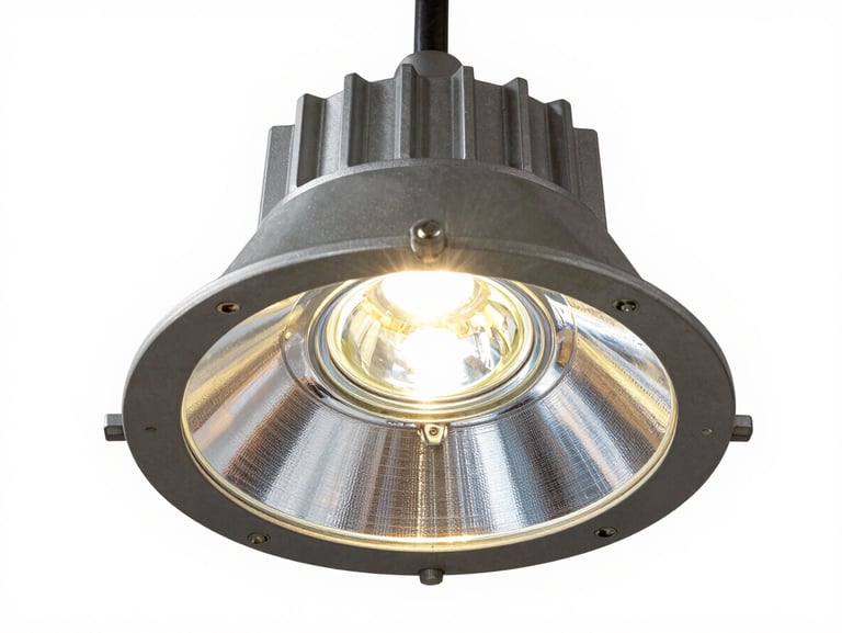 Explosion proof high bay light fixture, isolated on pure white background, crisp technical lighting