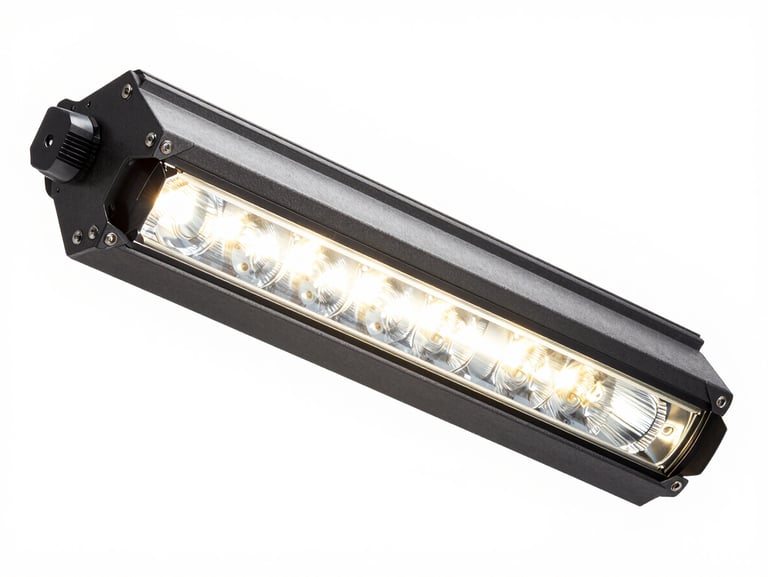 Explosion proof linear light fixture, slim industrial profile, isolated on pure white background