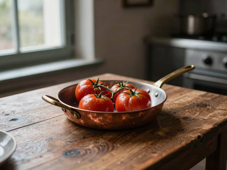 A quiet rustic restaurant kitchen table, a single copper pan with fresh heirloom tomatoes, soft winter window light, editorial composition.