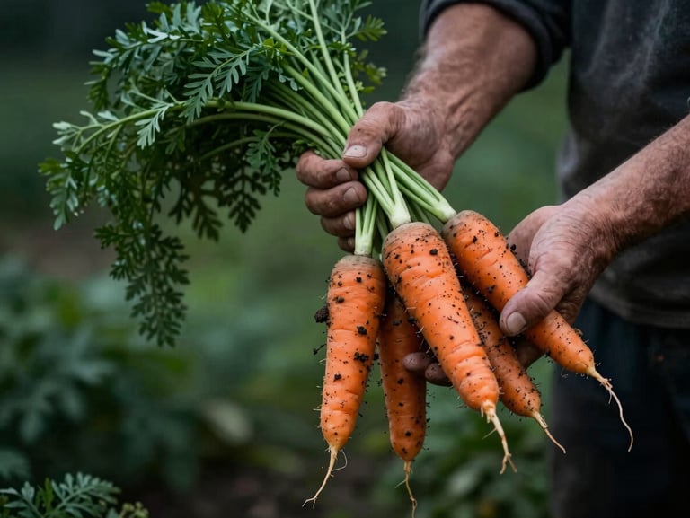 Hands of a farmer holding a bundle of freshly harvested organic carrots with soil still attached, low-key natural light, moody dark green background.